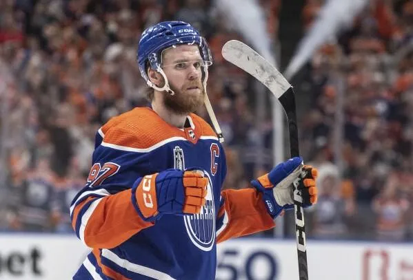 Edmonton Oilers captain Connor McDavid seen celebrating a goal