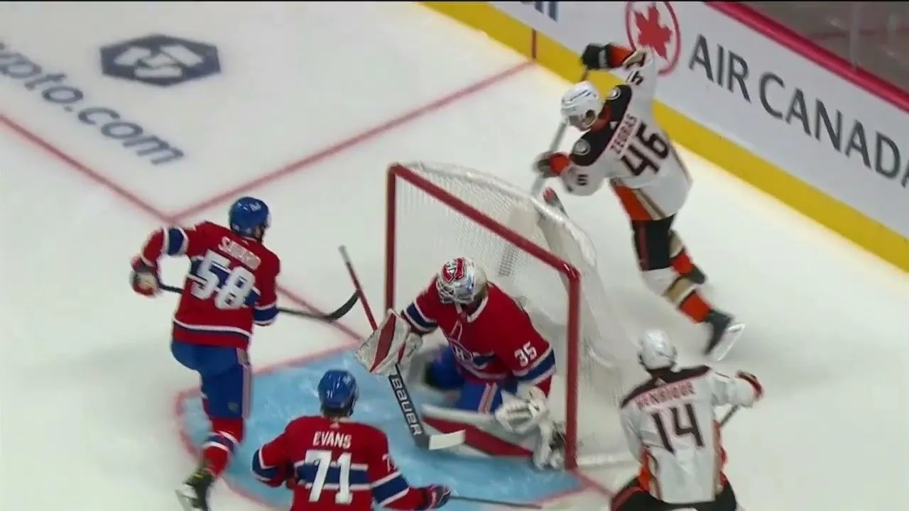 Trevor Zegras of the Anaheim Ducks attempts The Michigan against the Montreal canadiens