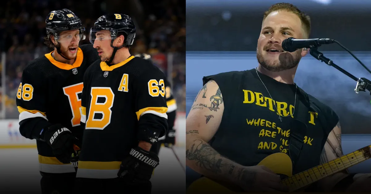 Boston Bruins forwards Brad Marchand and David Pastrnak and country music singer Zach Bryan