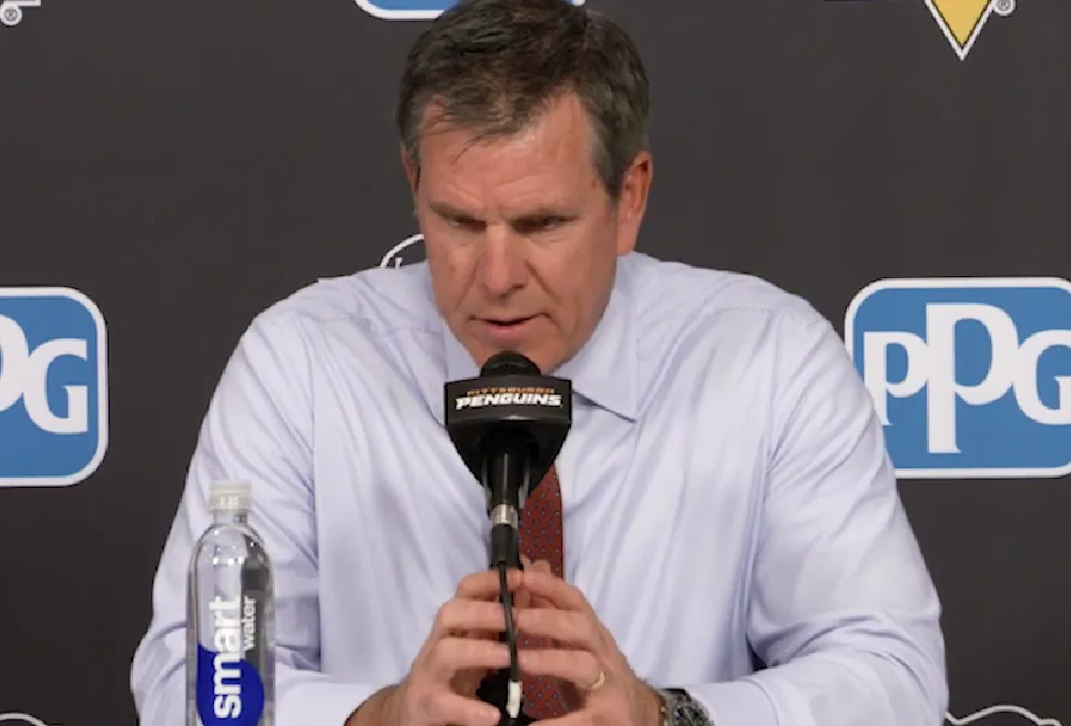 Pittsburgh Penguins head coach Mike Sullivan speaking to the media after a game against the Buffalo Sabres, October 2024