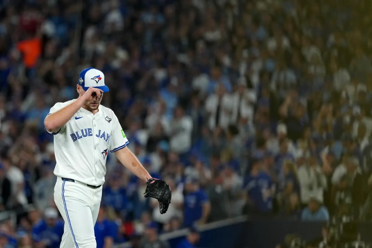 Toronto Blue Jays pitcher Trey Yesavage (39) reacts in the third inning against the Los Angeles Dodgers during game one of the 2025 MLB World Series at Rogers Centre.