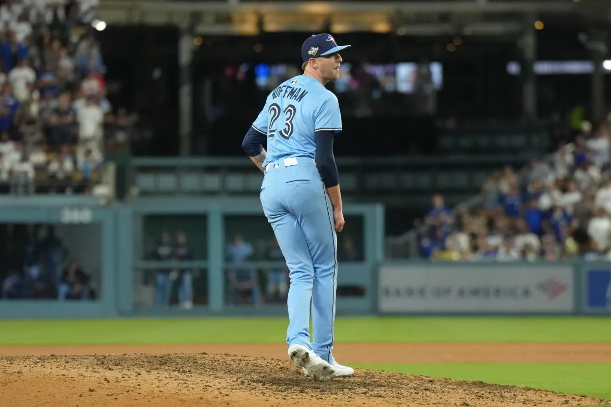 Toronto Blue Jays pitcher Jeff Hoffman (23) pitches against the Los Angeles Dodgers in the ninth inning during game five of the 2025 MLB World Series at Dodger Stadium.