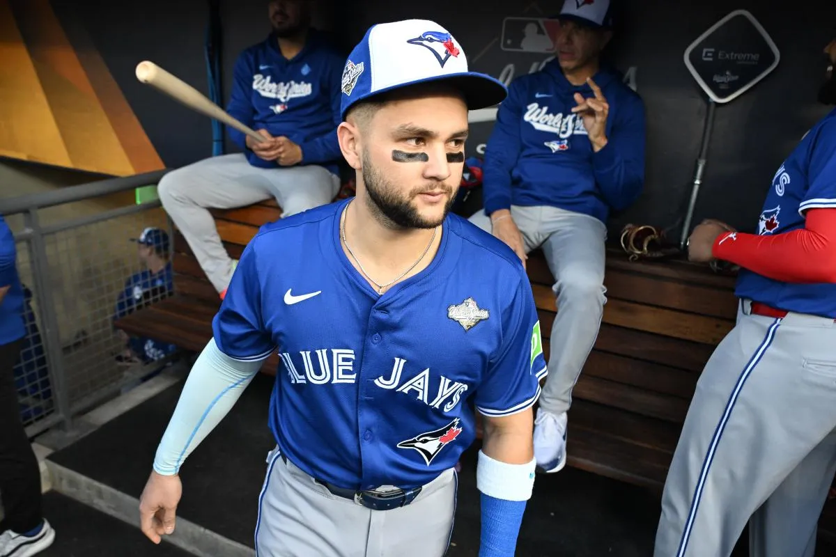 Toronto Blue Jays second baseman Bo Bichette (11) looks on before game three of the 2025 MLB World Series against the Los Angeles Dodgers at Dodger Stadium