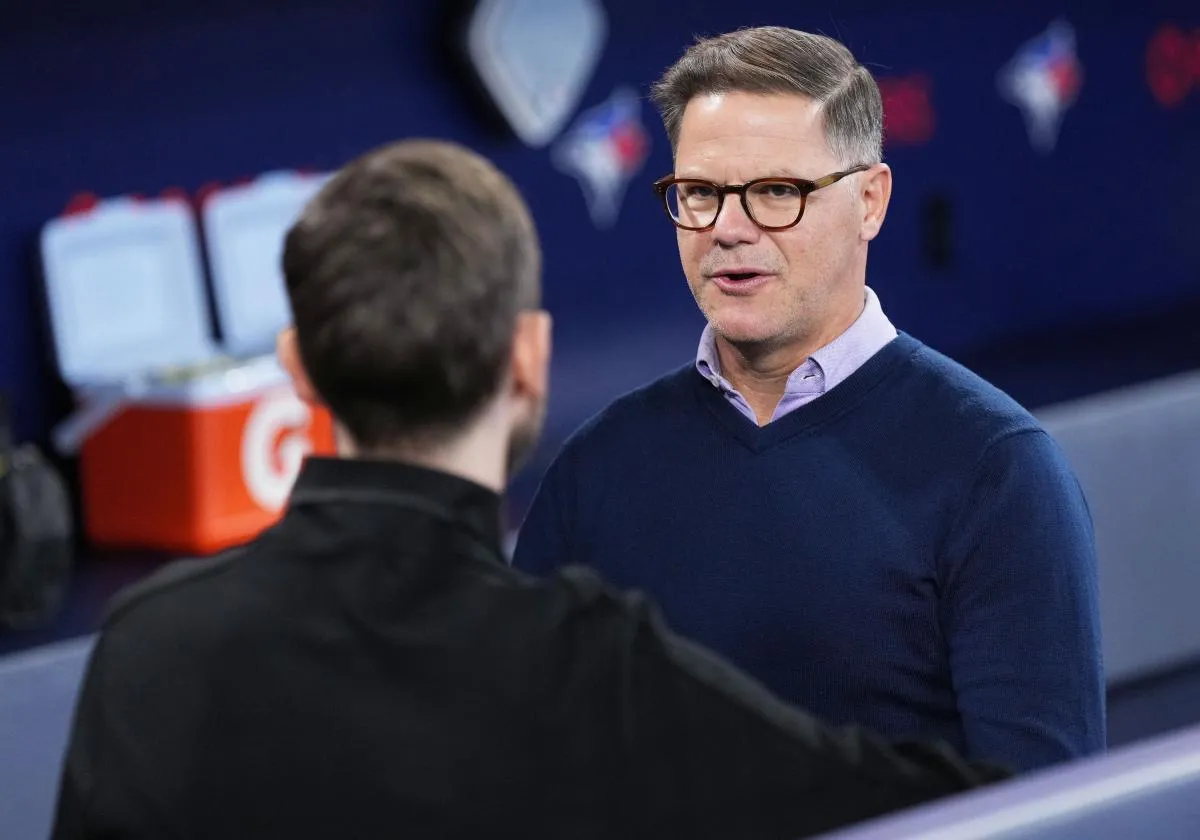 Toronto Blue Jays Executive Vice President Baseball Operations  General Manager Ross Atkins speaks to the media during batting practice against the New York Yankees at Rogers Centre.