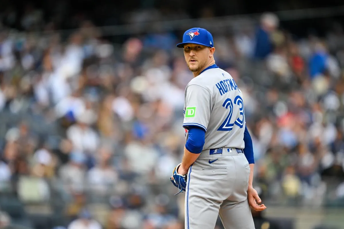 Toronto Blue Jays relief pitcher Jeff Hoffman (23) looks on during the eighth inning against the New York Yankees at Yankee Stadium.