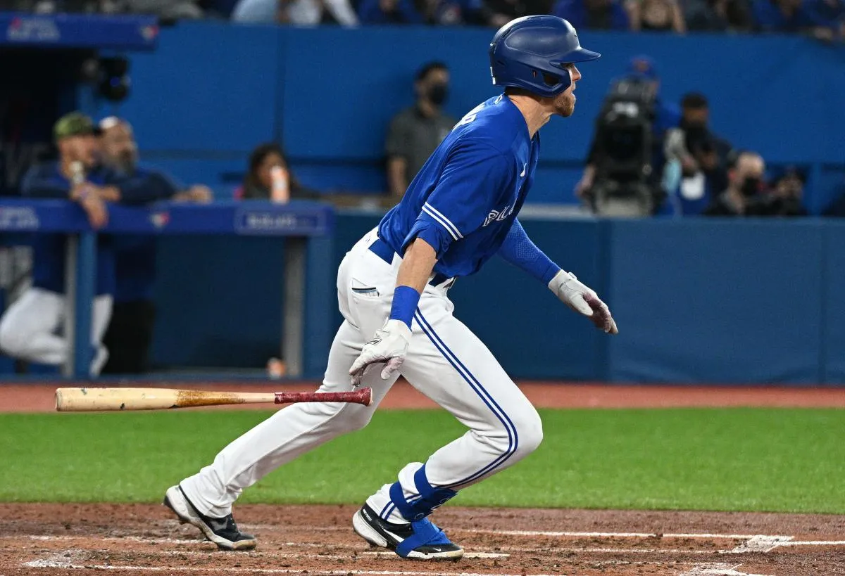 Toronto Blue Jays center fielder Bradley Zimmer (7) hits a double against the Cincinnati Reds in the fifth inning at Rogers Centre.