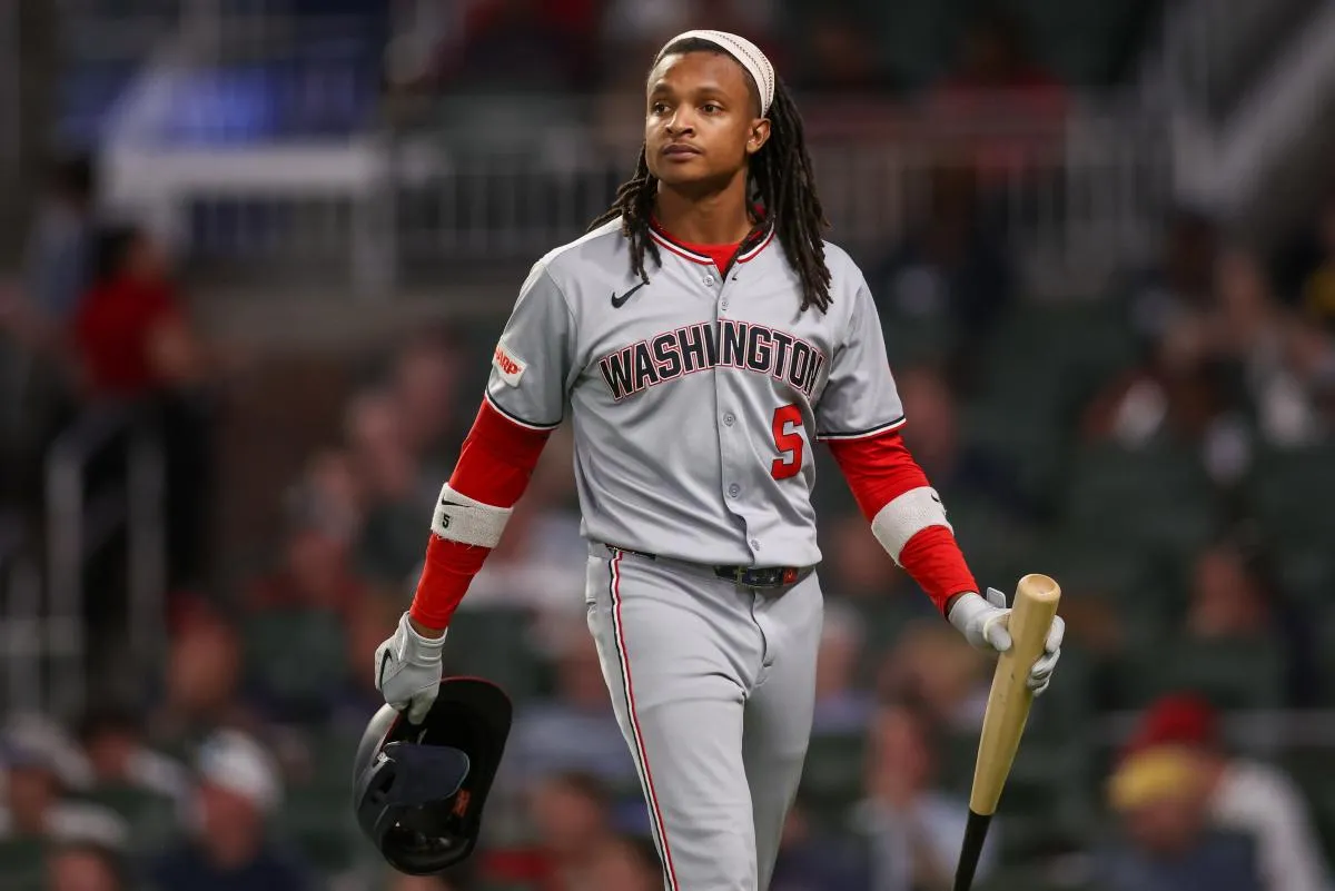 Washington Nationals designated hitter CJ Abrams (5) reacts after a strikeout against the Atlanta Braves in the fifth inning at Truist Park.