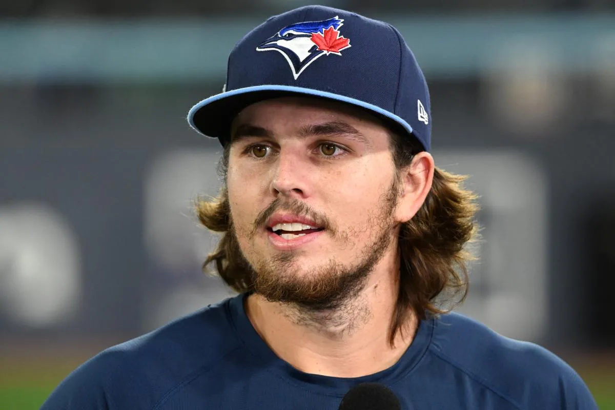 Toronto Blue Jays third baseman Addison Barger (47) speaks to media before game six of the 2025 MLB World Series against the Los Angeles Dodgers at Rogers Centre.