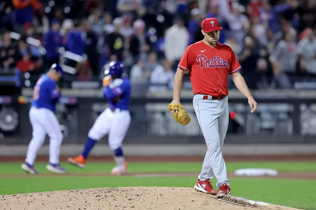 Philadelphia Phillies starting pitcher Michael Plassmeyer (49) reacts after allowing a two run home run to New York Mets shortstop Francisco Lindor (12) during the fourth inning at Citi Field.