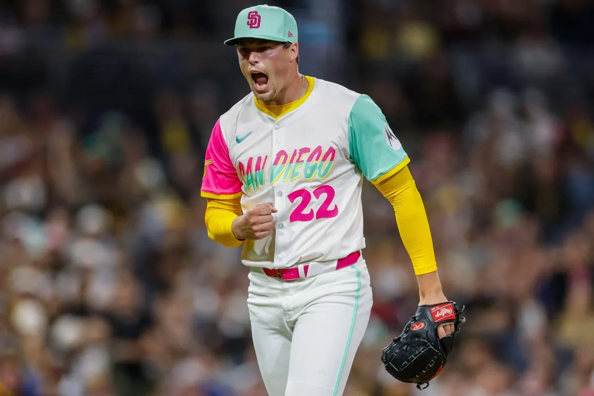 San Diego Padres relief pitcher Mason Miller (22) celebrates during the eighth inning Arizona Diamondbacks at Petco Park.