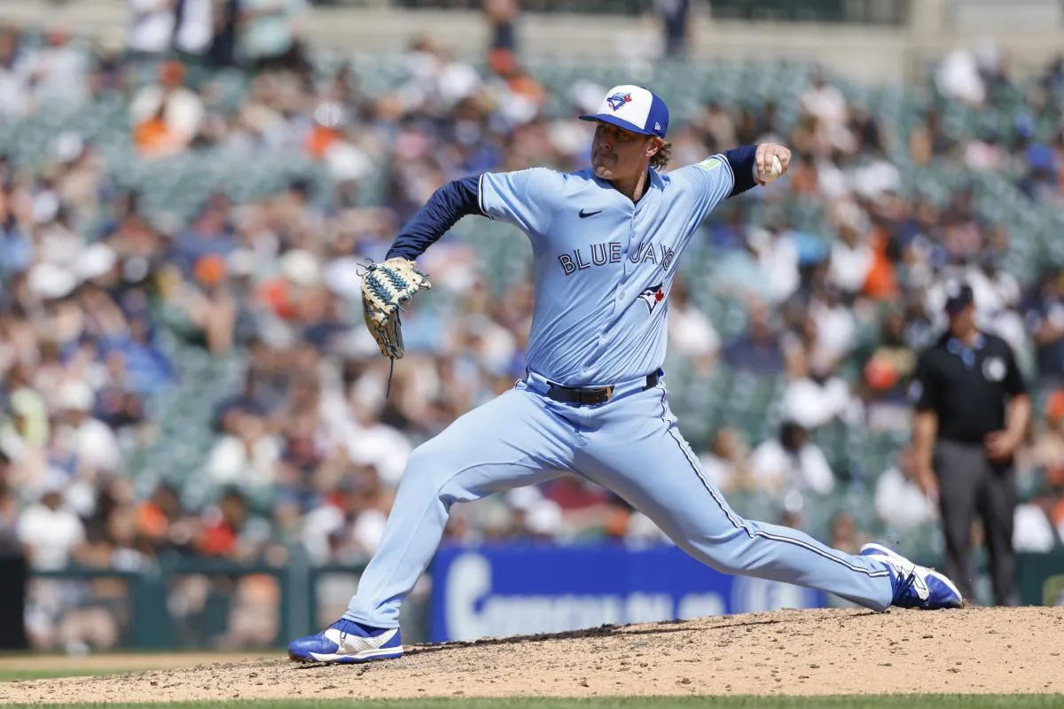 Toronto Blue Jays pitcher Justin Bruihl (58) pitches in the eighth inning against the Detroit Tigers at Comerica Park.