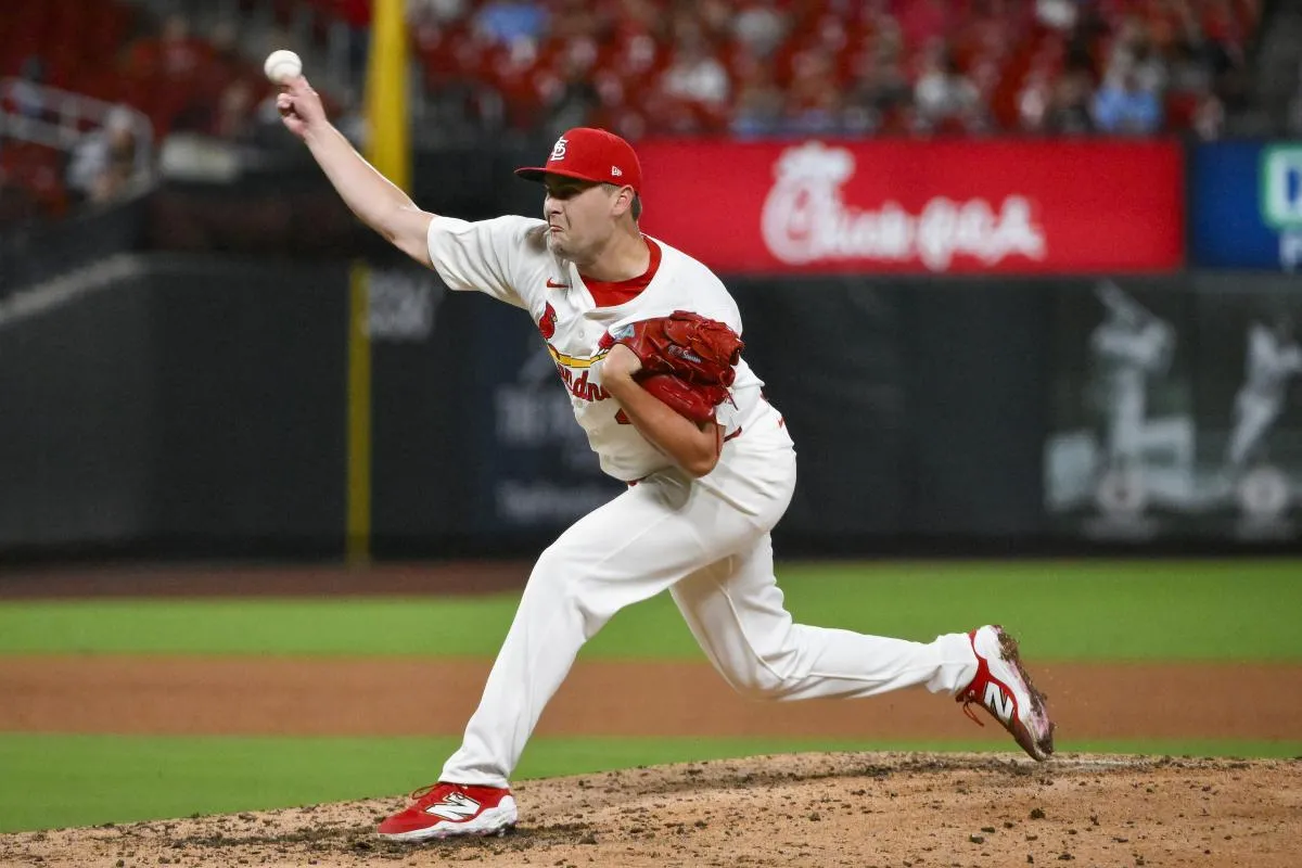 St. Louis Cardinals relief pitcher Matt Svanson (49) pitches against the Colorado Rockies during the seventh inning at Busch Stadium.