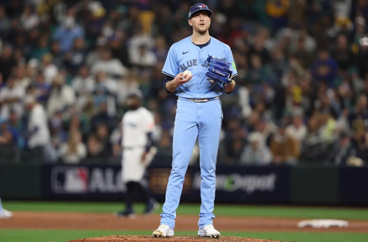 Toronto Blue Jays pitcher Jeff Hoffman (23) enters the game in the eighth inning against the Seattle Mariners during game four of the ALCS round for the 2025 MLB playoffs at T-Mobile Park.