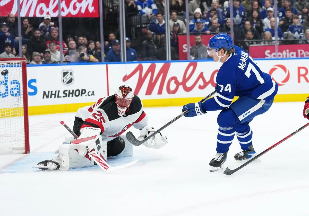 Toronto Maple Leafs center Bobby McMann (74) shoots on New Jersey Devils goaltender Jacob Markstrom (25) during the first period at Scotiabank Arena.