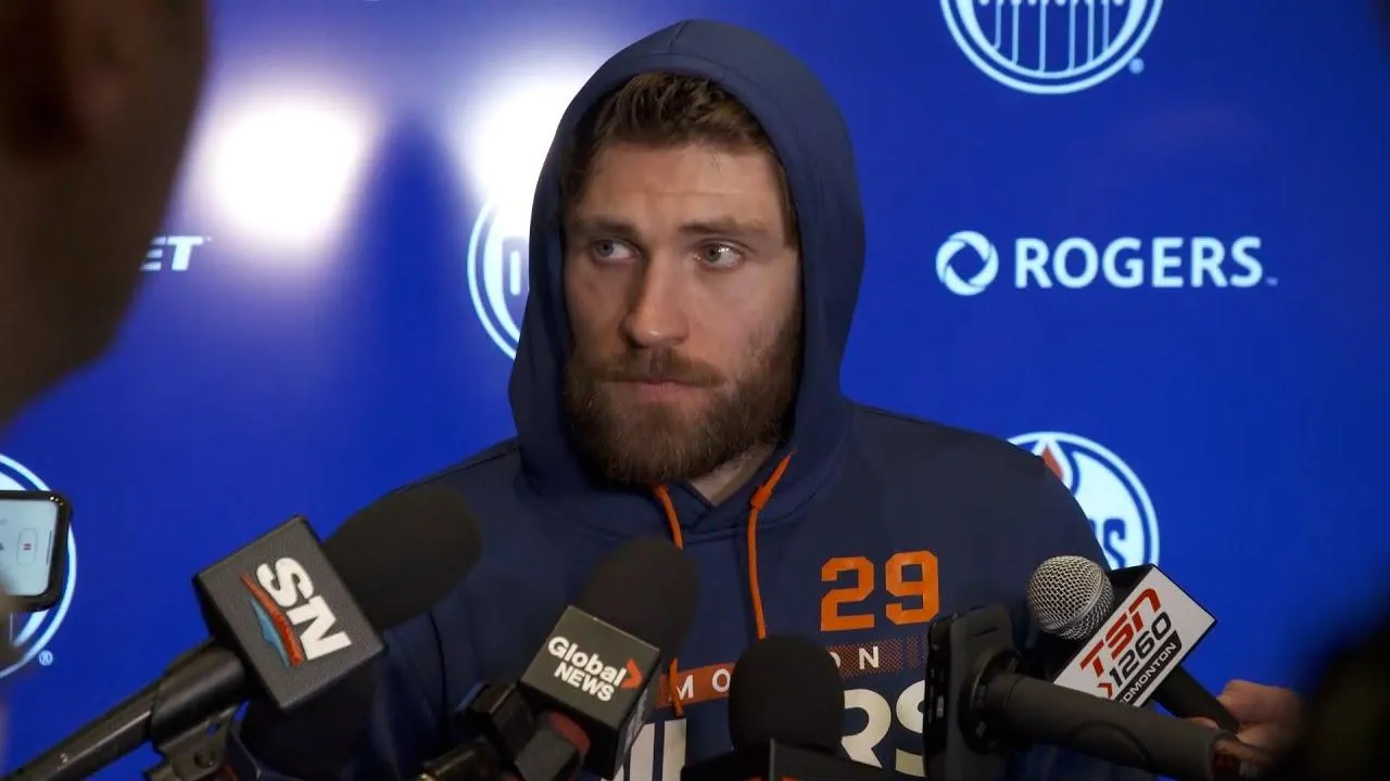 Edmonton Oilers' Leon Draisaitl speaks to reporters