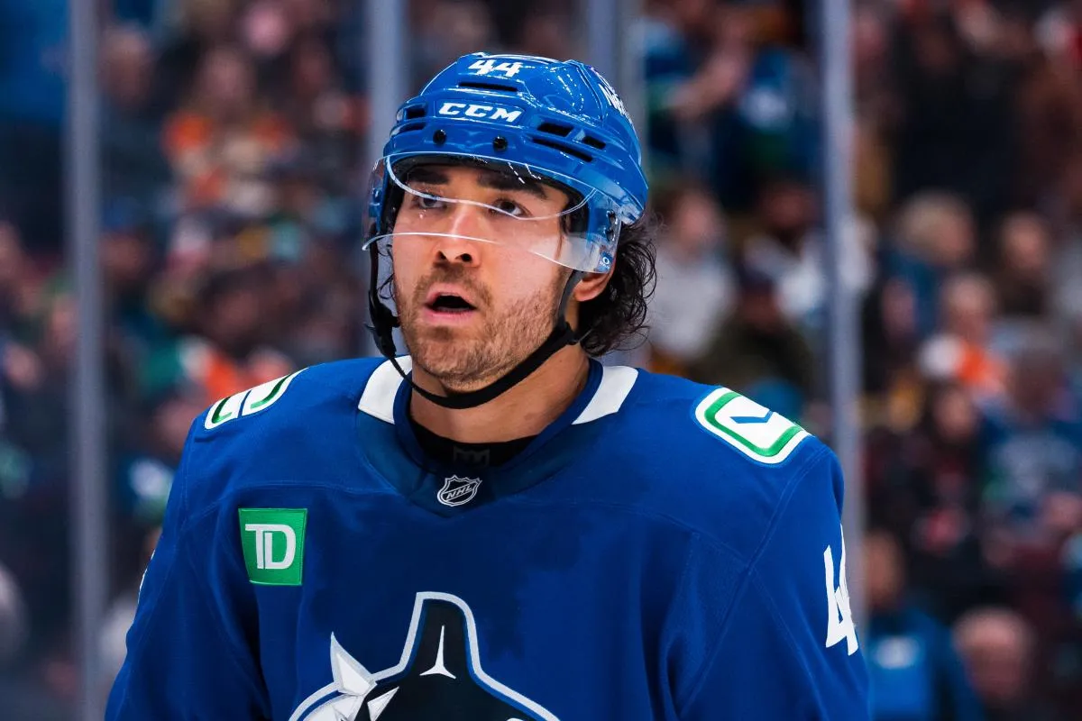 Vancouver Canucks forward Kiefer Sherwood (44) during a stop in play against the Philadelphia Flyers in the third period at Rogers Arena.