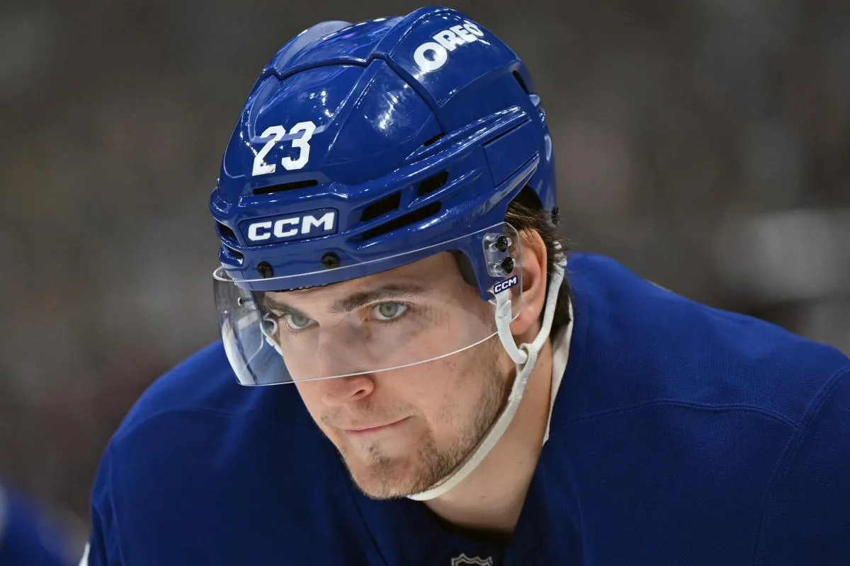 Toronto Maple Leafs forward Matthew Knies (23) prepares for a faceoff against the Pittsburgh Penguins in the third period at Scotiabank Arena.