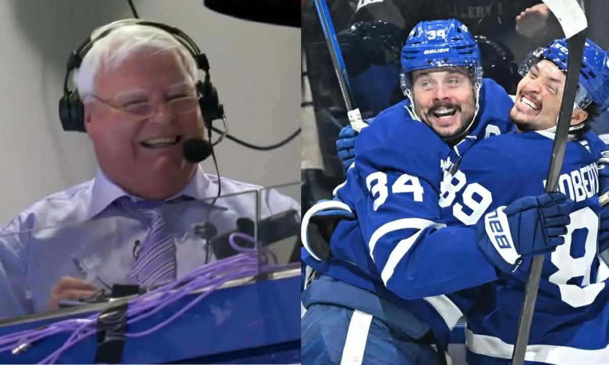 Maple Leafs broadcaster Joe Bowen (left) and Maple Leafs captain Auston Matthews (right)