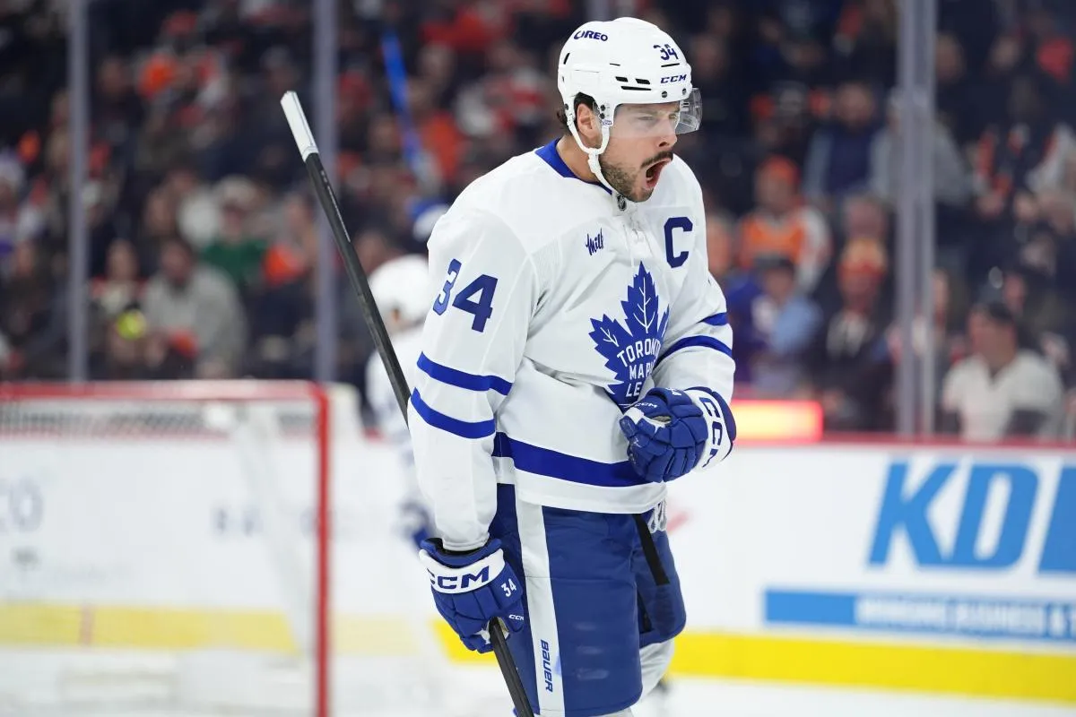 Toronto Maple Leafs center Auston Matthews (34) reacts after scoring a goal against the Philadelphia Flyers in the first period at Xfinity Mobile Arena