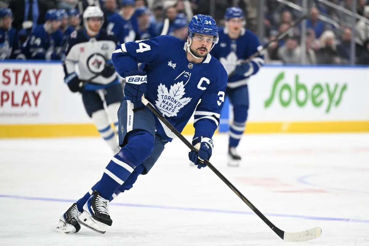 Toronto Maple Leafs forward Auston Matthews (34) pursues the play against the Winnipeg Jets in the first period at Scotiabank Arena.