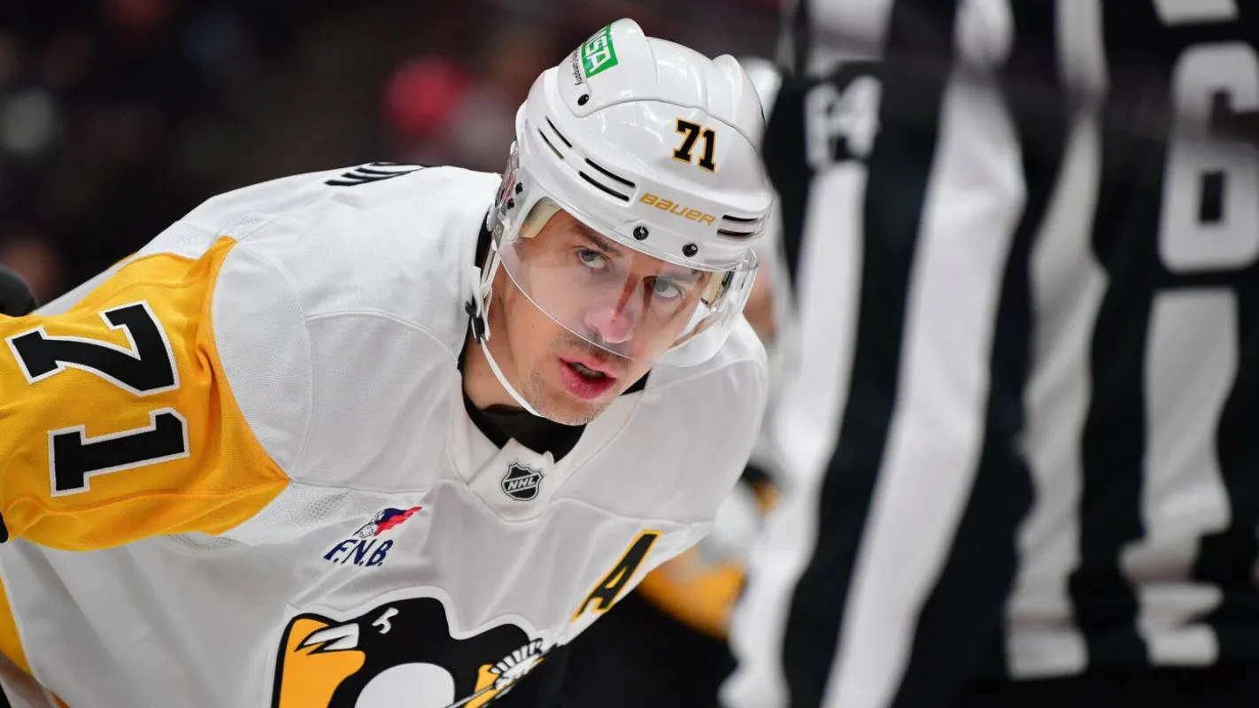 Pittsburgh Penguins' Evgeni Malkin lines up for the faceoff