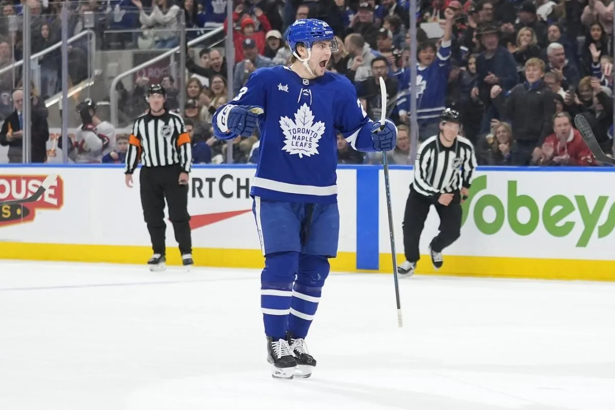 Toronto Maple Leafs forward Matthew Knies (23) reacts after scoring against the Ottawa Senators during the first period at Scotiabank Arena