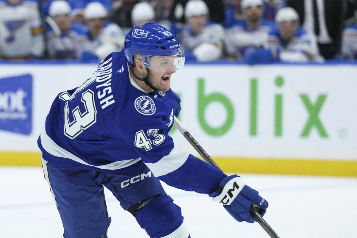 Tampa Bay Lightning defenseman Darren Raddysh (43) shoots the puck against the St. Louis Blues in the first period at Benchmark International Arena.