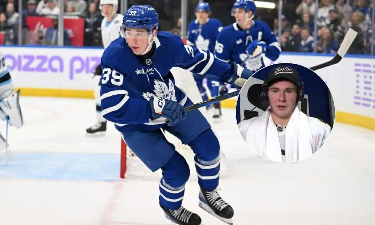 Toronto Maple Leafs forward Fraser Minten (39) pursues the play against the Utah Hockey Club in the first period at Scotiabank Arena.