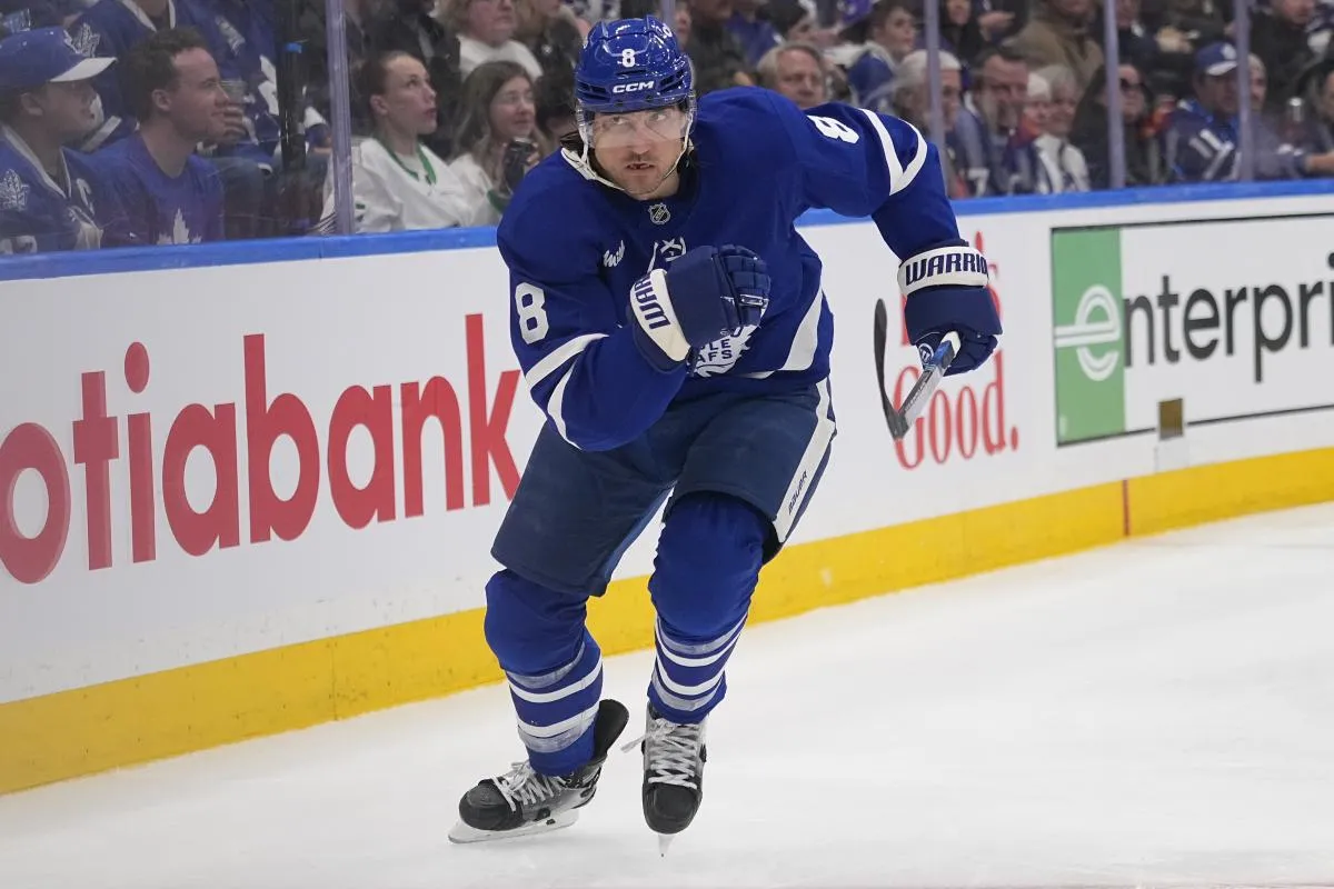 Toronto Maple Leafs defenceman Chris Tanev (8) skates against the Ottawa Senators during the second period of game one of the first round of the 2025 Stanley Cup Playoffs at Scotiabank Arena.