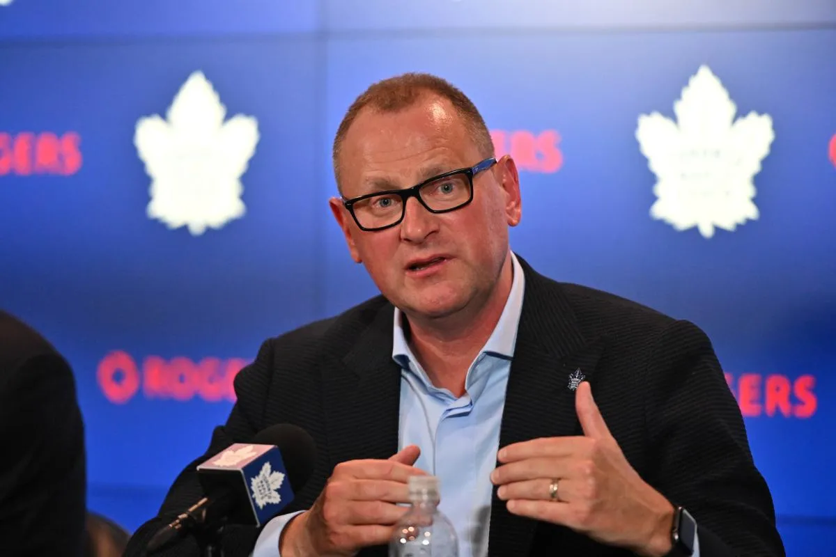 Toronto Maple Leafs new general manager Brad Treliving is introduced at a press conference at Scotiabank Arena.