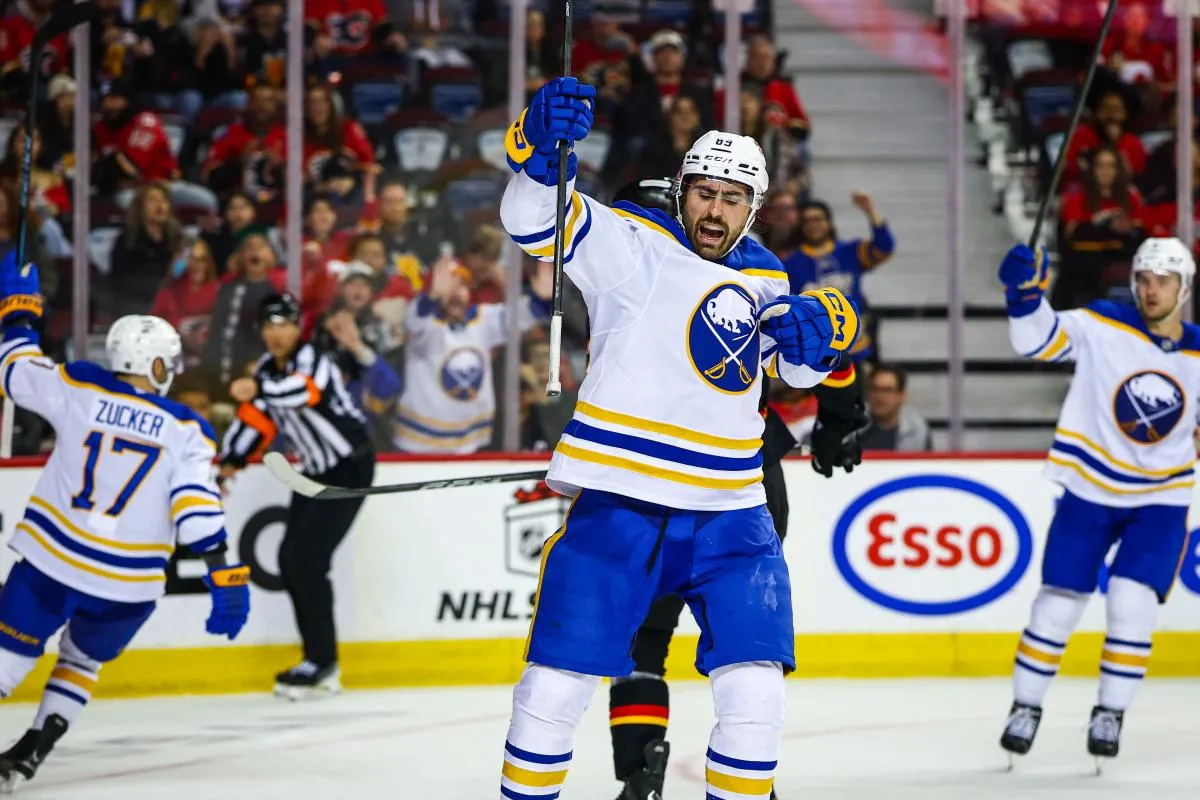 Buffalo Sabres right wing Alex Tuch (89) celebrates his goal against the Calgary Flames during the third period at Scotiabank Saddledome.