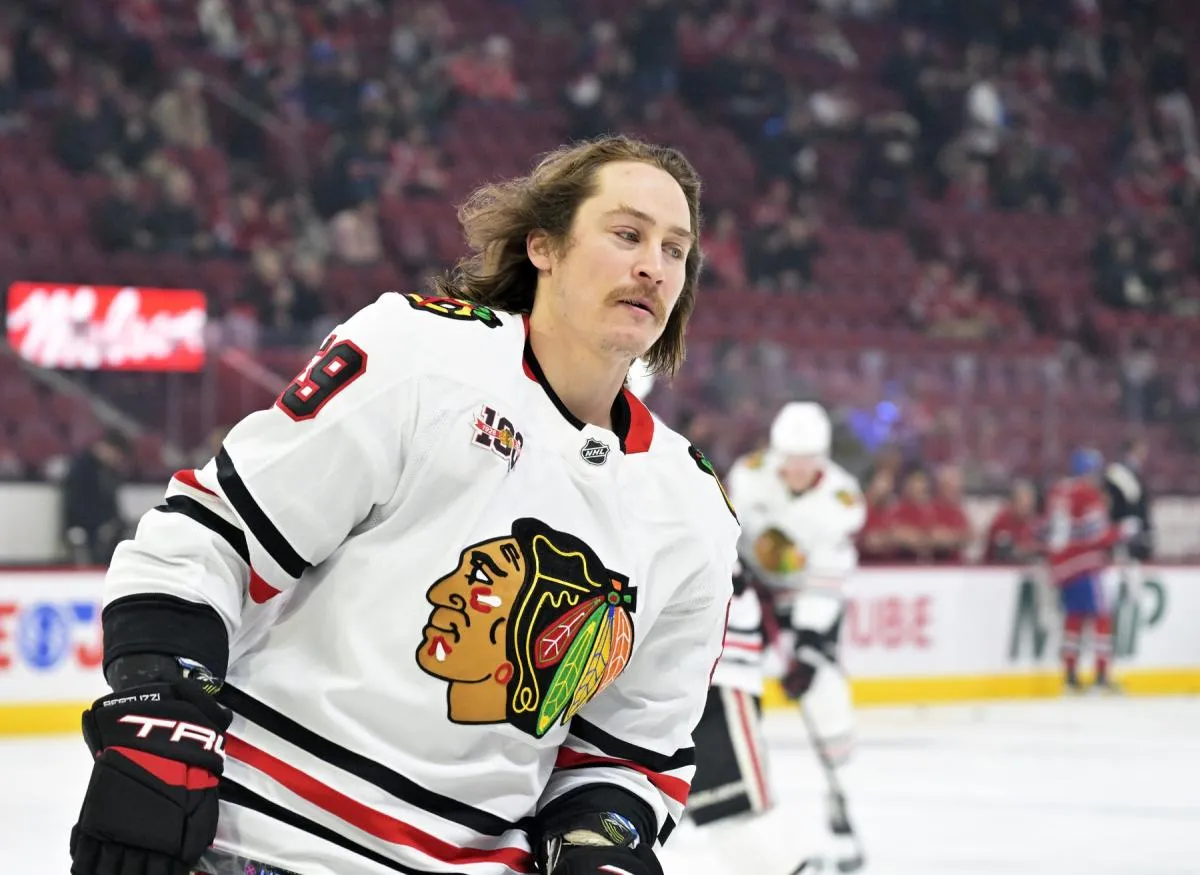 Chicago Blackhawks forward Tyler Bertuzzi (59) skates during the warmup before the game against the Montreal Canadiens at the Bell Centre.