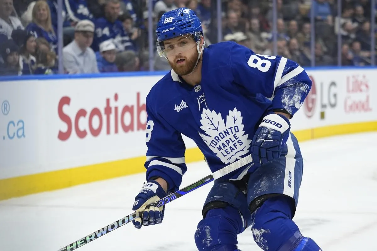 Toronto Maple Leafs forward William Nylander (88) skates against the San Jose Sharks during the second period at Scotiabank Arena.