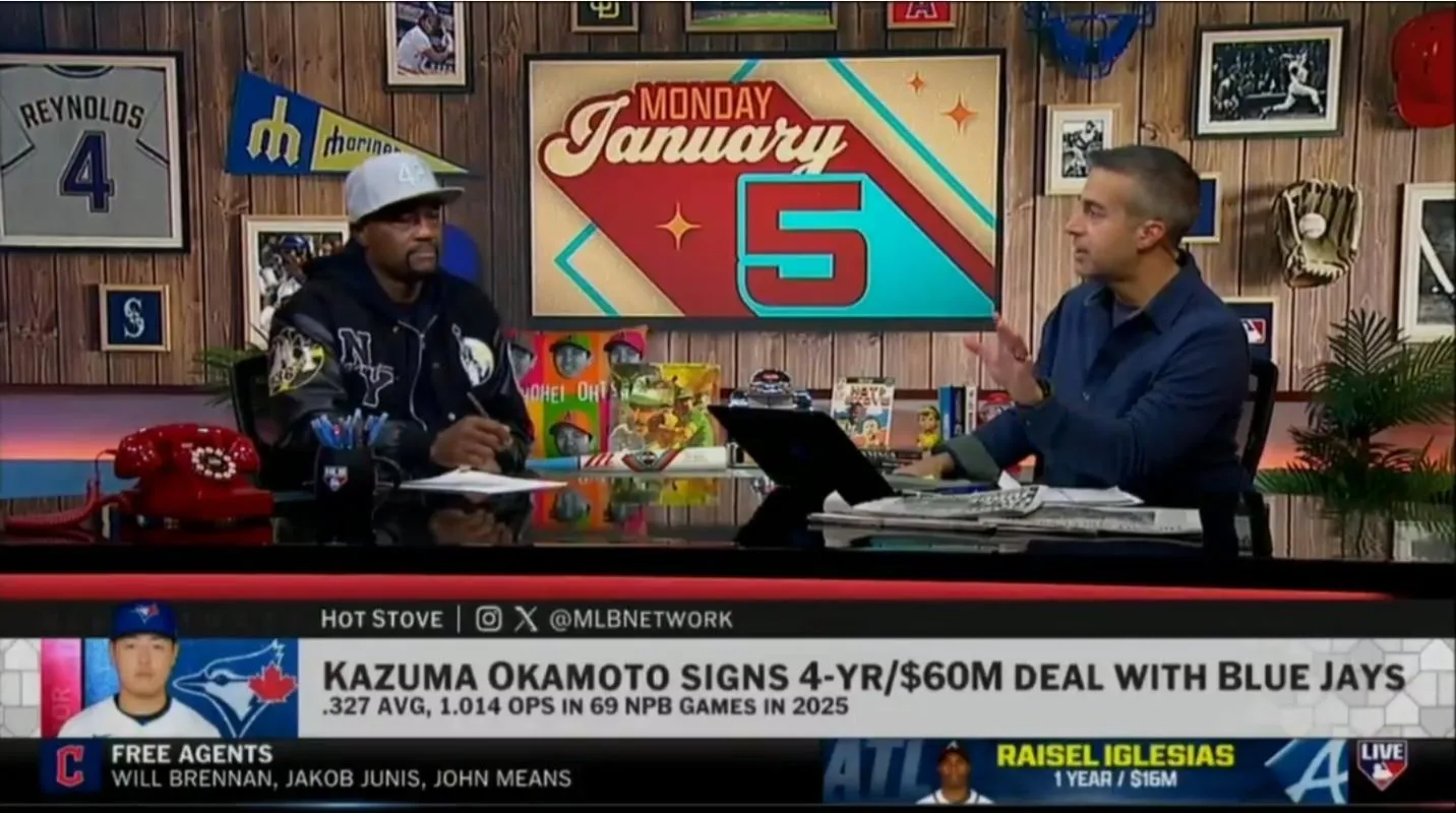 Monday January 5, 2026: MLB Network's Harold Reynolds and Matt Vasgersian discussing the acquisition of Kazuma Okamoto by the Toronto Blue Jays, and free agent Bo Bichette's market.