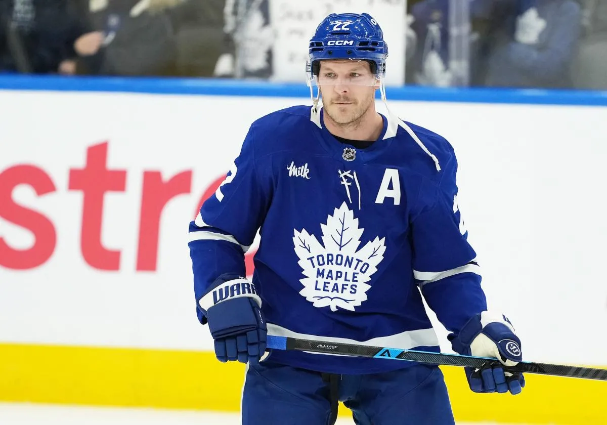 Toronto Maple Leafs defenseman Jake McCabe (22) skates during the warmup before a game against the New Jersey Devils at Scotiabank Arena.