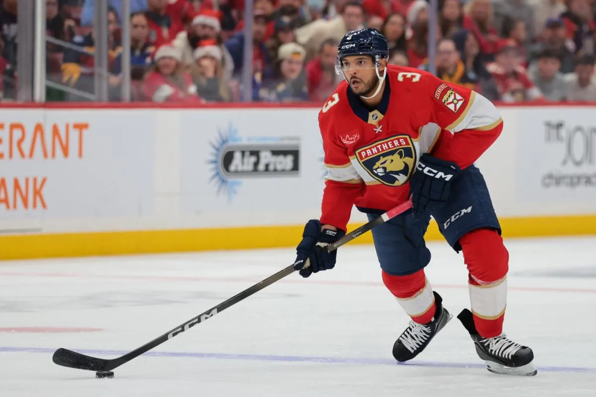 Florida Panthers defenseman Seth Jones (3) moves the puck against the St. Louis Blues during the second period at Amerant Bank Arena.