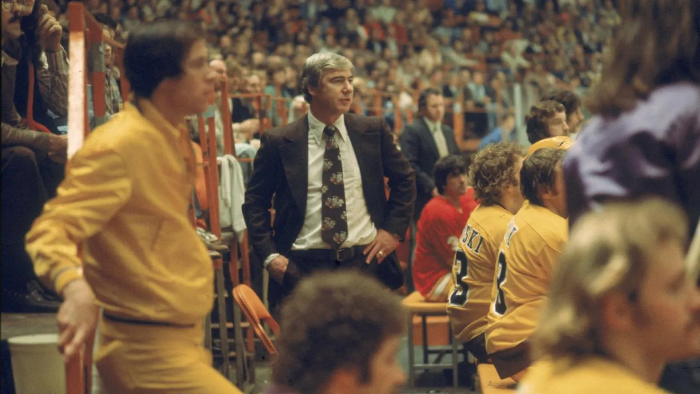 Bob Pulford seen coaching the Los Angeles Kings