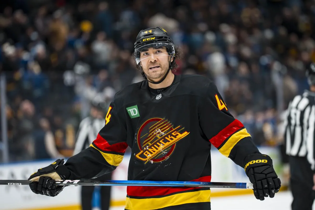 Vancouver Canucks forward Kiefer Sherwood (44) reacts to the loss against the Boston Bruins in overtime at Rogers Arena.