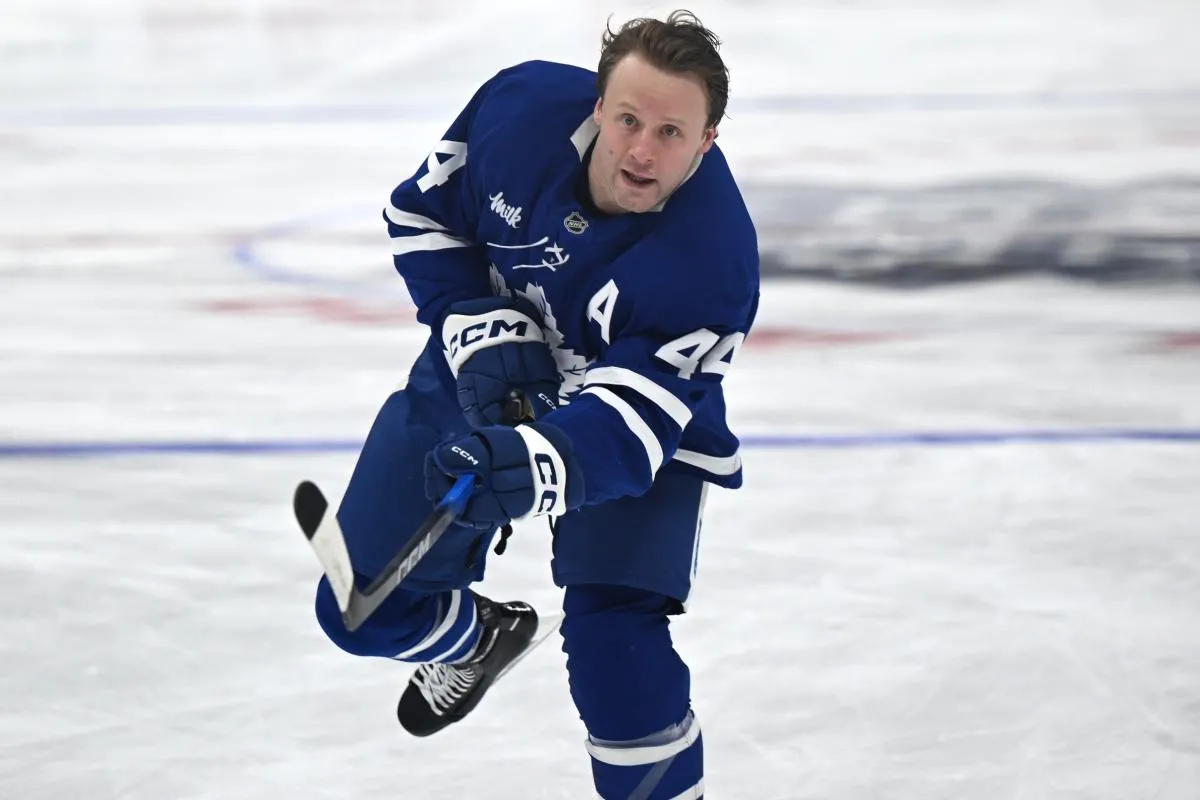 Toronto Maple Leafs defenseman Morgan Rielly (60) warms up before playing the Winnipeg Jets at Scotiabank Arena.