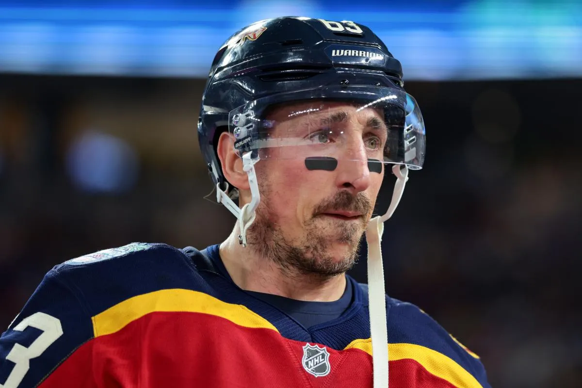 Florida Panthers left wing Brad Marchand (63) looks on after the second period in the 2026 Winter Classic ice hockey game against the New York Rangers at loanDepot Park.