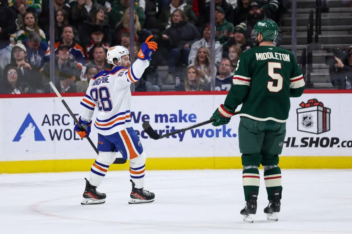Edmonton Oilers left wing Andrew Mangiapane (88) celebrates his goal against the Minnesota Wild during the first period at Grand Casino Arena.
