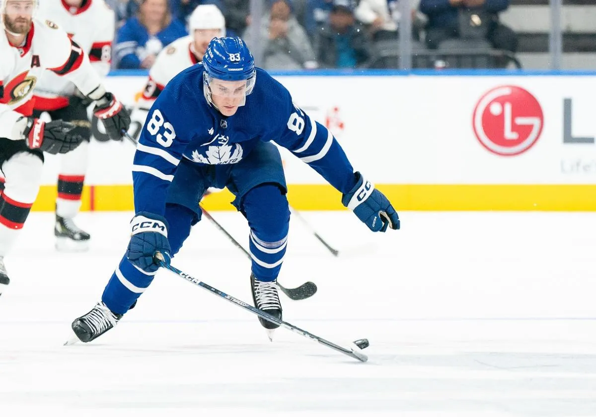 Toronto Maple Leafs defenseman Marshall Rifai (83) skates with the puck against the Ottawa Senators during the second period at Scotiabank Arena.