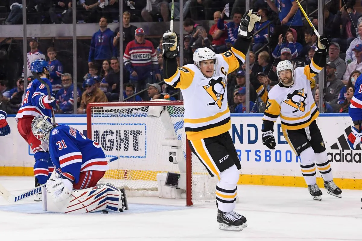 Pittsburgh Penguins center Sidney Crosby (87) scores a goal on New York Rangers goaltender Igor Shesterkin (31) during the second period in game two of the first round of the 2022 Stanley Cup Playoffs at Madison Square Garden.