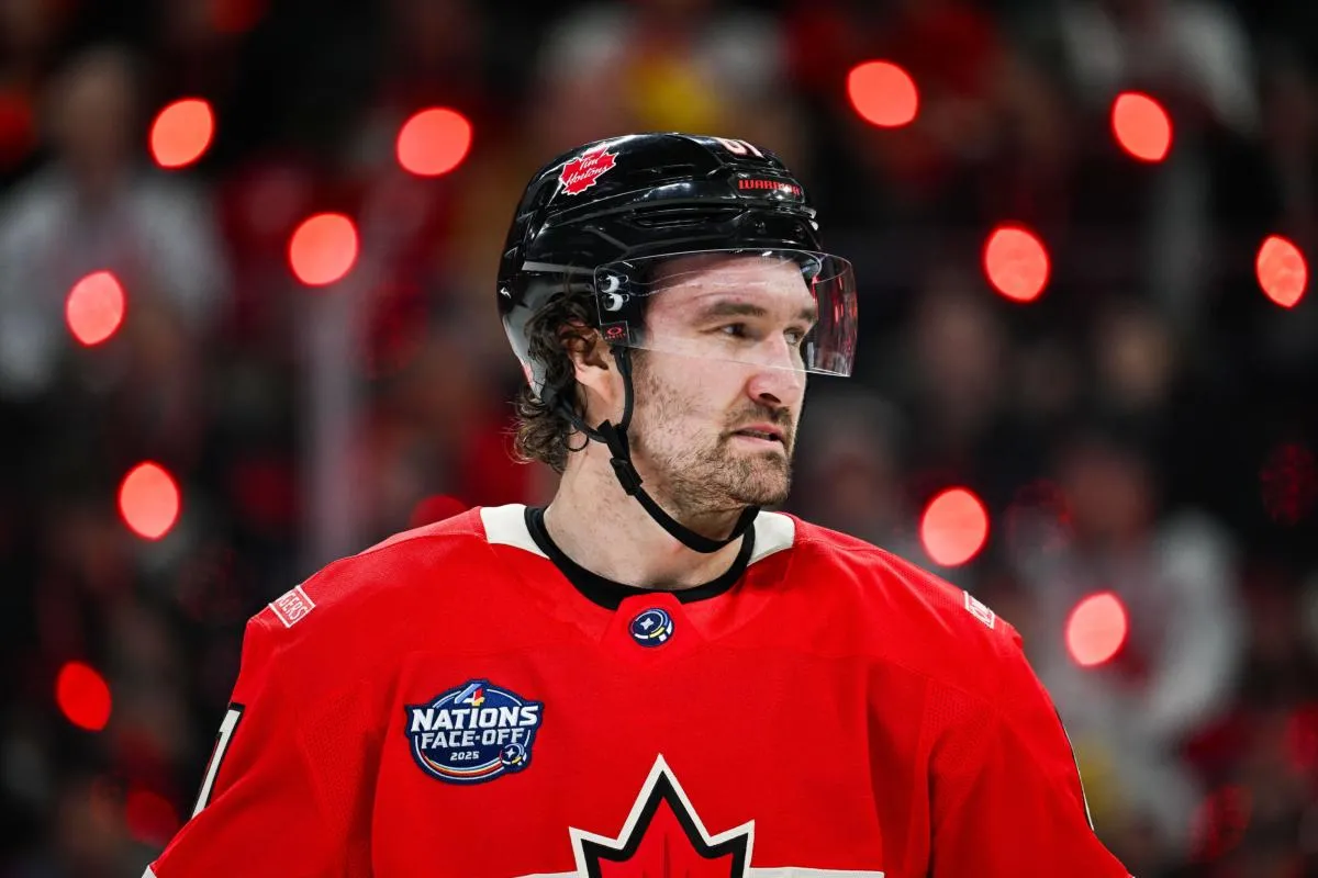 [Imagn Images direct customers only] Team Canada forward Mark Stone (61) looks on against Team Sweden in the first period during a 4 Nations Face-Off ice hockey game at Bell Centre.