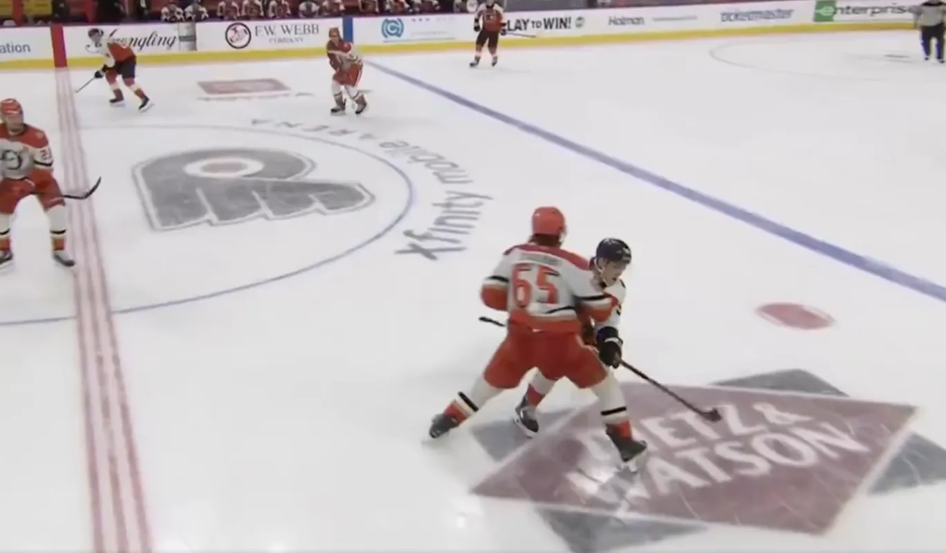 Anaheim Ducks' Jacob Trouba hitting Flyers' Denver Barkey