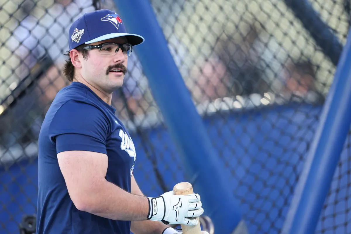 Toronto Blue Jays left fielder Davis Schneider (36) looks on before the game against the Los Angeles Dodgers during game four of the 2025 MLB World Series at Dodger Stadium