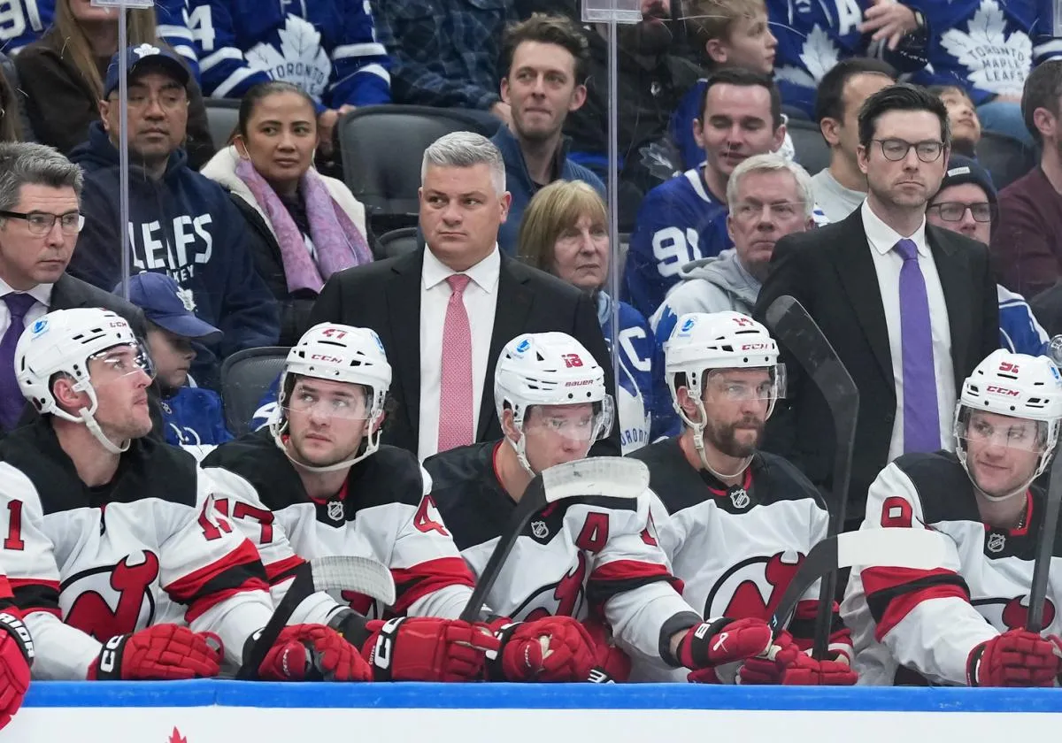 New Jersey Devils head coach Sheldon Keefe watches play against the Toronto Maple Leafs during the third period at Scotiabank Arena.