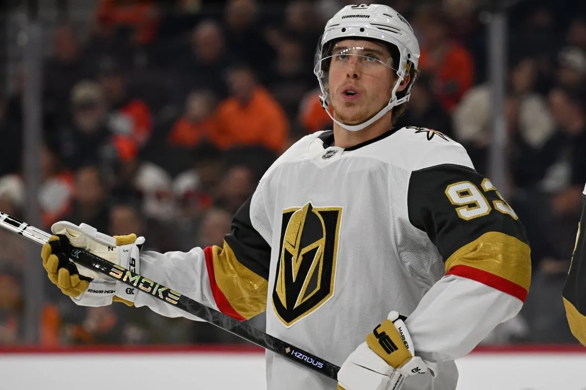 Vegas Golden Knights right wing Mitch Marner (93) against the Philadelphia Flyers at Xfinity Mobile Arena.