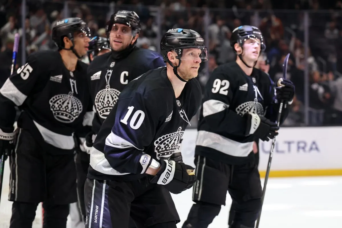 Los Angeles Kings right wing Corey Perry (10) skates back to the bench after scoring a a power-play goal against the Minnesota Wild during the second period at Crypto.com Arena.