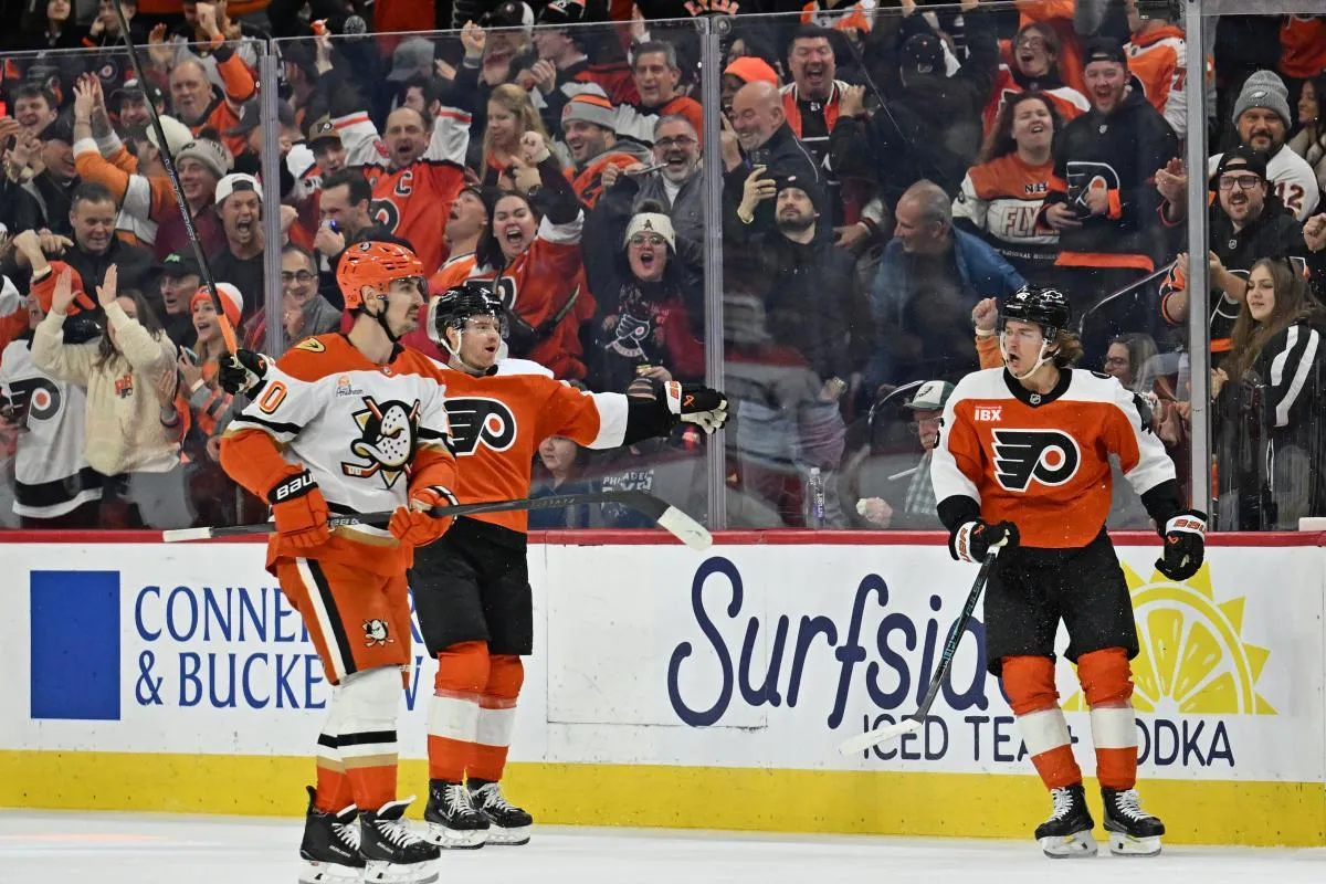 Philadelphia Flyers center Trevor Zegras (46) reacts after scoring goal against the Anaheim Ducks during the first period at Xfinity Mobile Arena.